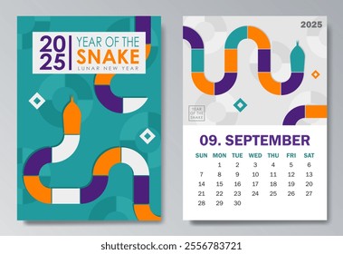 Colorful Year of the Snake 2025 calendar page for September with geometric snake silhouette in purple, cyan, orange, white. Abstract illustration for planners, social media posts, branding material