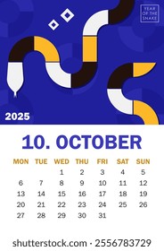 Colorful Year of the Snake 2025 calendar page for October with geometric snake silhouette in blue, yellow, black and white. Abstract illustration for planners, social media posts, branding material