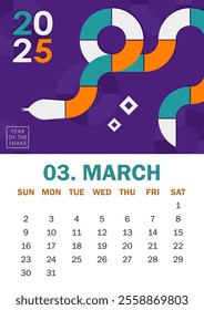 Colorful Year of the Snake 2025 calendar page for March with geometric snake silhouette in purple, orange, cyan and white. Abstract illustration for planners, social media posts, branding material