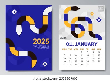 Colorful Year of the Snake 2025 calendar page for January with geometric snake silhouette in blue, yellow, black and white. Abstract illustration for planners, social media posts, branding material