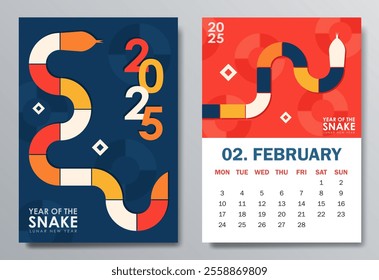 Colorful Year of the Snake 2025 calendar pages for February with geometric snake silhouette in red, blue, yellow and white. Abstract illustration for planners, social media posts, branding material