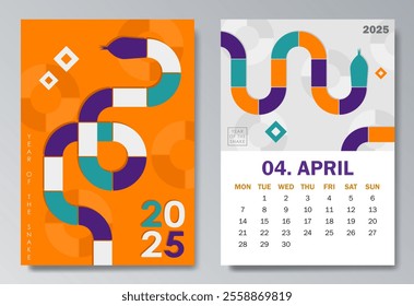 Colorful Year of the Snake 2025 calendar pages for April with a geometric snake silhouette in orange, teal, purple and white. Abstract illustration for planners, social media posts, branding material