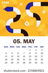 Colorful Year of the Snake 2025 calendar page for May with a geometric snake silhouette in blue, yellow, black and white. Abstract illustration for planners, social media posts, branding material