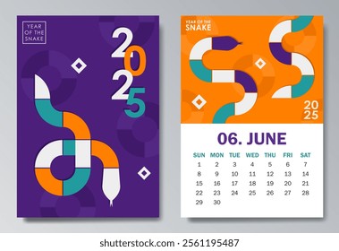 Colorful Year of the Snake 2025 calendar pages for June with geometric snake silhouette in purple, orange, cyan and white. Abstract illustration for planners, social media posts, branding material