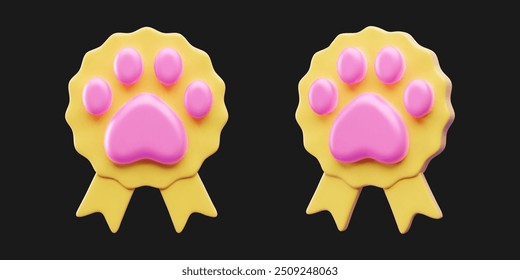 Colorful yellow awards featuring pink paw prints on ribbons designed for recognizing pet achievements in a playful style. 3d vector illustration