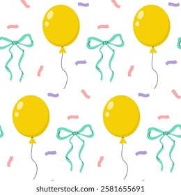 Colorful yellow balloons and bows create a festive pattern for celebrations and parties