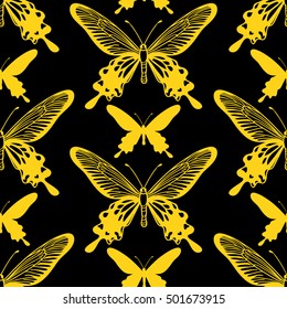 Colorful yellow butterflies on black background, butterfly vector (tile-able background)