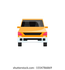 Colorful yellow car icon isolated on white background - flat cartoon vehicle with shiny texture seen from front view with no people, vector illustration.
