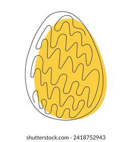 Colorful yellow Easter egg with a pattern. Continuous one line drawing. On white background. Minimalist. Design element. Ideal for icon, logo, print, Easter decoration, coloring book, greeting card