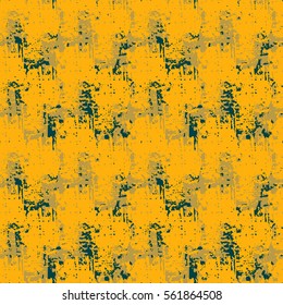 Colorful yellow grunge seamless pattern with abstract hand drawn brush strokes and paint splashes. Messy infinity texture, modern grungy background. Vector illustration. 