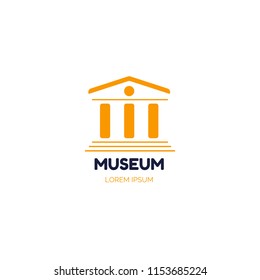 Colorful yellow museum logo. Vector illustration with the image of a classical building with three columns. Museum logo can be used as for the architectural firm, art school or a museum.