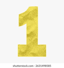 Número 1 amarelo colorido com superfície de papel amassada, detalhe de borda rasgada. Estilo de adesivo divertido em tons vibrantes, alegre mão corte desenho animado estética.