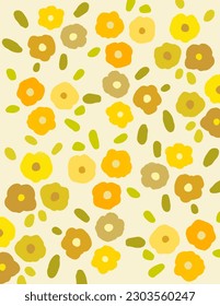 Colorful yellow and orange flowers and leaves pattern on white background, illustrations vector, aesthetic for wallpaper, wall decor, templates covers, art prints. Aesthetic