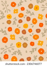 Colorful yellow and orange flowers and leaves pattern on bright color background, illustrations vector, aesthetic for wallpaper, wall decor, templates covers, art prints. Aesthetic