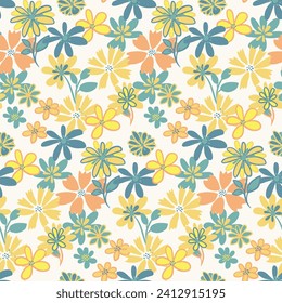 Colorful yellow seamless pattern with simple shape organic flowers. Vector hand drawn sketch doodle. Abstract summer background with liberty floral. Design for print, fashion, textile, fabric