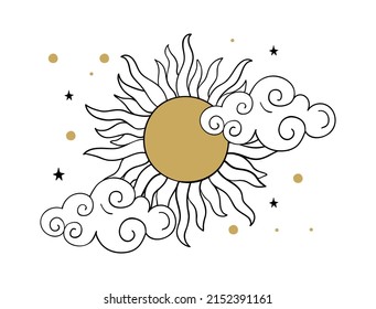 Colorful yellow sun with clouds in Chinese style, sky boho icon, sketch. Vector linear hand drawing. Mystical symbol, mythological emblem, sign for tarot, astrologer, mysticism.