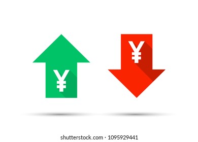  Colorful yen yuan currency up and down sign icon on green and red badge banner. Vector stock illustration.