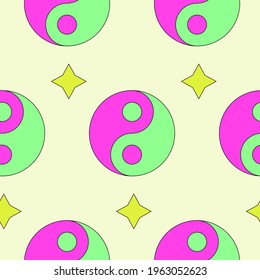 Colorful yin yang and stars seamless pattern vector art.