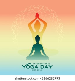 colorful yoga day background with meditation and other yoga pose