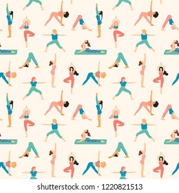 Colorful yoga girls vector pattern, seamless repeat in pastels. Trendy clean style elements. Great for apparel & editorial design, surfaces & wallpapers, scrapbooking, cards, packaging paper etc.