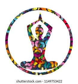 Colorful yoga icon with silhouette of a girl sitting in a lotus pose