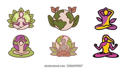 Colorful yoga icons nature-inspired meditation symbols