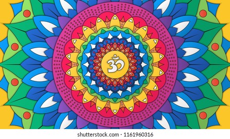 Colorful yoga and meditation background. Vector illustration of Indian decorative round ornament with Om Symbol for your design