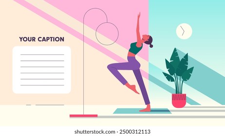 Colorful yoga scene with a woman practicing in a modern home with caption space