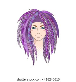 Colorful young girl with patterned zentangle dreadlocks. Ornate hairstyle. Vector illustration.