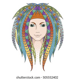 Colorful young girl with patterned zentangle dreadlocks. Ornate hairstyle. Vector illustration.