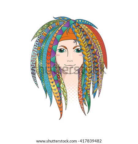 Colorful young girl with patterned zentangle dreadlocks. Ornate hairstyle. Vector illustration.