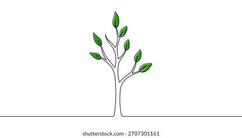 Árvore jovem colorida em um estilo de arte de linha. Desenho de uma plântula com traçado preto editável e blocos de cor verde em um fundo branco. Ilustração vetorial.