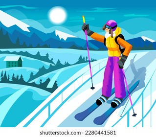 Colorful young woman skiing in snowy mountains. Female skier in alps landscape. Ski resort with slope. Winter activity and snow sport in alpine hill. Flat style banner. Cartoon Vector illustration