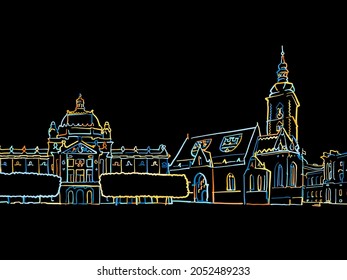 Colorful Zagreb Croatia Panorama Drawing on black. Well crafted vector sketch für private and commercial use.