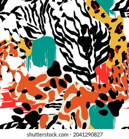 Colorful Zebra Animal Skin Vector Seamless Pattern. Jungle Leo Illustration. Bright Savanna Spot Leopard Design. Ethnic Cat Fashion Wallpaper.