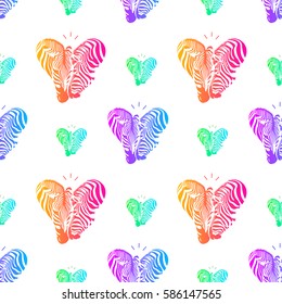Colorful zebra head in heart shape, seamless pattern. Abstract texture. Illustration isolated on white background.