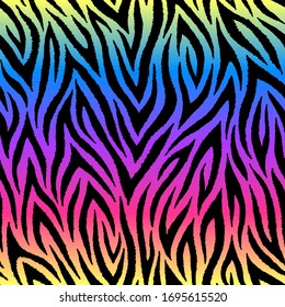 Colorful zebra seamless pattern. Black animal stripes, lines on rainbow colored gradient background. Vector print for fabrics, posters, banners, etc.