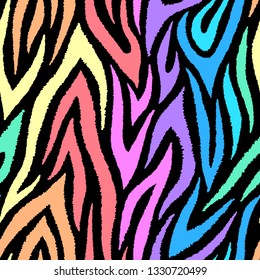 Colorful zebra seamless pattern. Neon rainbow lines isolated on black background. Repeating stripes backdrop. Vector print for fabrics, posters, banners.