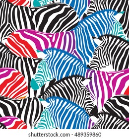 Colorful zebra seamless pattern. Savannah Animal ornament. Wild animal texture. Striped black and white. design trendy fabric texture, vector illustration.