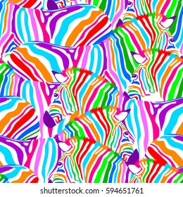 Colorful zebra seamless pattern. Wild animal design trendy fabric texture, illustration.