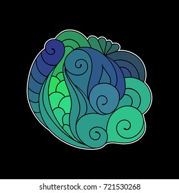Colorful zentangle design element with swirls and waves on black background.