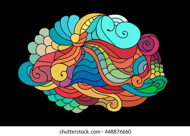Colorful zentangle doodle sketch. Tattoo sketch. Ethnic tribal wavy vector illustration on black.