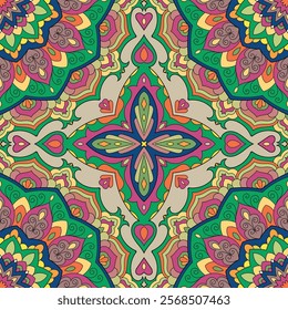 Colorful zentangle mandala seamless pattern. Vibrant Spiritual background with Moroccan, Islamic, Arabic, Indian, and Ottoman Influences. 