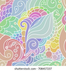 Colorful zentangle seamless pattern with elegant doodles and waves for textile or digital paper.