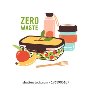Colorful Zero Waste lunch vector flat illustration. Eco friendly durable and reusable items - thermo mug, vacuum flask, lunch box, vegan food and wooden fork isolated on white background