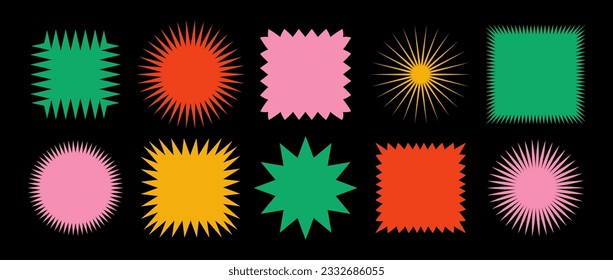 Colorful zig zag edge square and circle shapes collection. Jagged patches set. Bright graphic design elements for decoration, banner, poster, template, sticker, badge. Vector