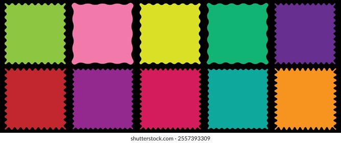 Colorful zigzag frame. Rectangle shape frame with zigzag edge.Square shape jagged curved box element. Geometric zig zag wavy stickers. Colorful square badge, label. various shapes and colors frame