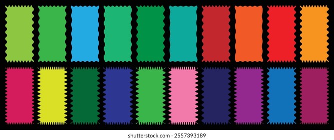 Colorful zigzag frame. zigzag shape. Rectangle shape frame with zigzag edge. Rectangular jagged curved box element. Geometric zig zag wavy stickers. Wiggly undalute square badge. set of zigzag frames