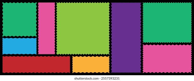 Colorful zigzag frame. zigzag shape. Rectangle shape frame with zigzag edge. Rectangular jagged curved box element. Set of various shapes and colors frames. set of zig zag frames