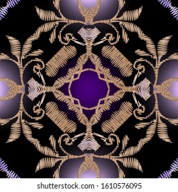 Colorful zigzag stitching embroidery seamless pattern. Glowing vector tapestry background. Floral grunge ethnic ornament with embroidered flowers, leaves, borders, frames, shapes. Textured design.